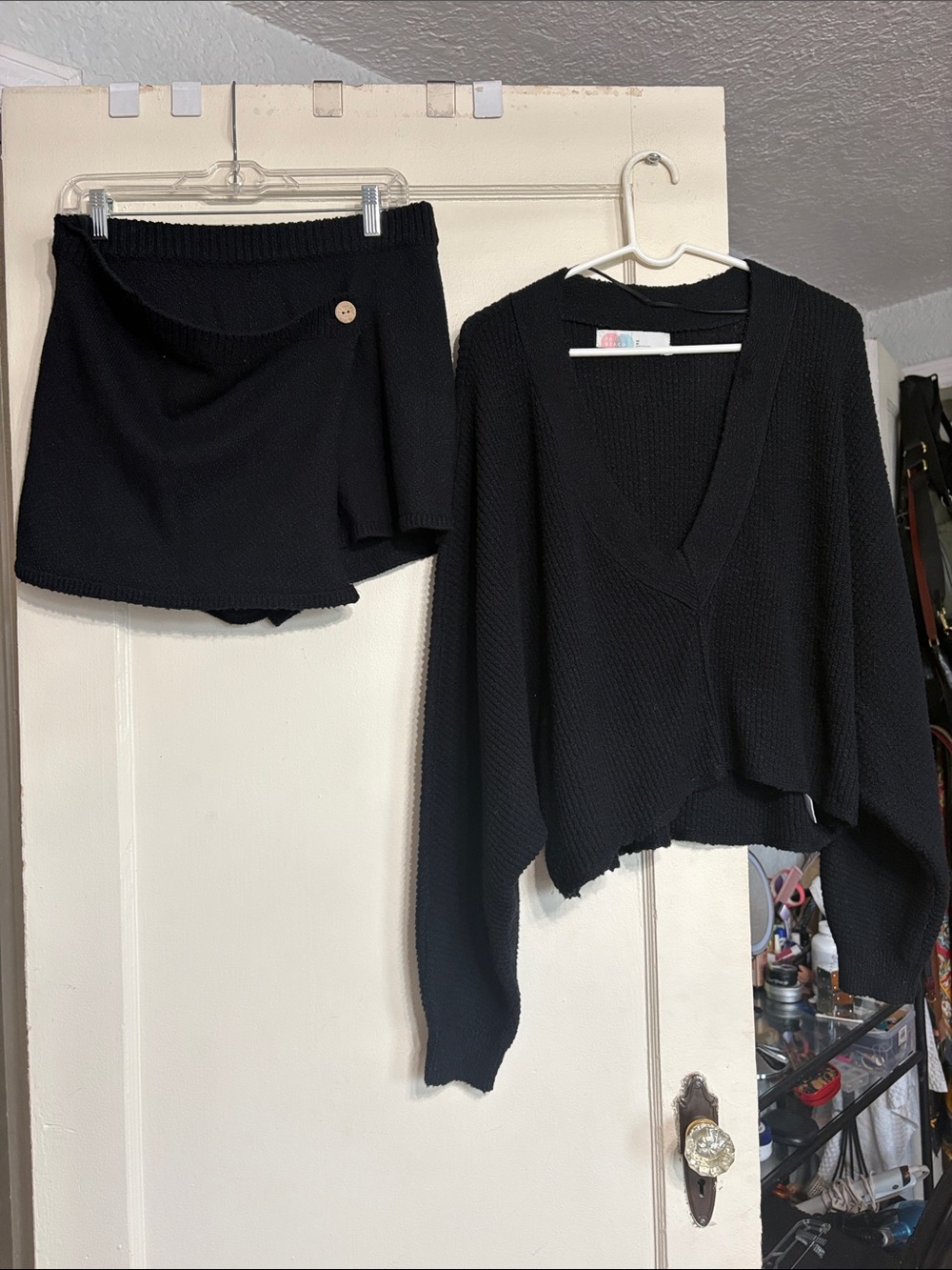 Free People Black Knit Wrap Skort and V-Neck Sweater Set